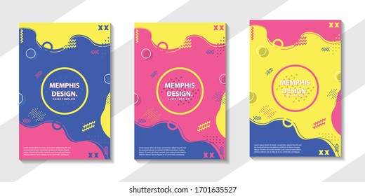 Unique artistic template cards with colorfull background,shapes and geometric elements in memphis style.Abstract design cards perfect for prints,flyers,poster,invitations,special offer and more.