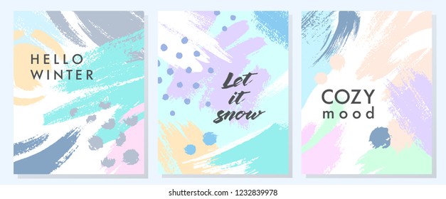 Unique artistic winter cards with hand drawn shapes and textures in soft pastel colors.Trendy graphic design perfect for prints,flyers,banners,invitations,special offer and more.Vector collages.