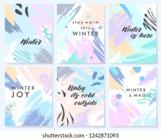 Unique artistic winter cards with hand drawn shapes and textures in soft pastel colors.Trendy graphic design perfect for prints,flyers,banners,invitations,special offer and more.Vector collages.