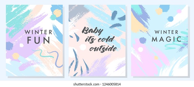 Unique artistic winter cards with hand drawn shapes and textures in soft pastel colors.Trendy graphic design perfect for prints,flyers,banners,invitations,special offer and more.Vector collages.