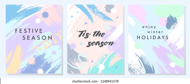Unique artistic winter cards with hand drawn shapes and textures in soft pastel colors.Trendy graphic design perfect for prints,flyers,banners,invitations,special offer and more.Vector collages.