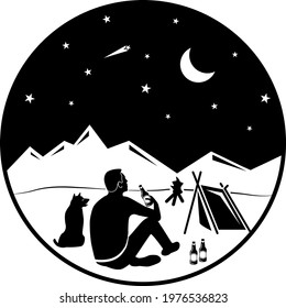 Unique and attractive design of the nigh scene and the man with his pet dog sitting under the open sky, drinking beer and enjoying outdoor camping.