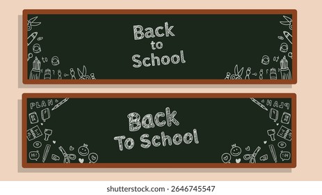 Unique back to school blackboard banner template with chalk doodle sketch for children learning decoration