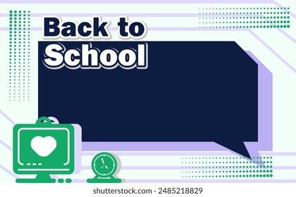 Unique back-to-school illustration featuring a computer and a clock forming a speech bubble with the words "Back to School" written on it. Perfect for educational and technological concepts.