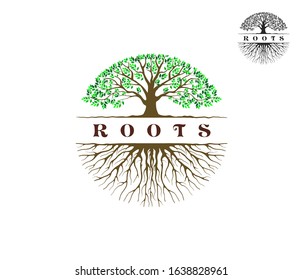 Unique Badge logo. Circular Tree and roots logo template, vector isolated