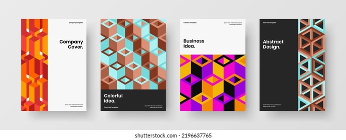 Colección única de plantillas vectoriales de diseño de banner A4. Conjunto de ilustraciones de folletos de mosaicos multicolores.