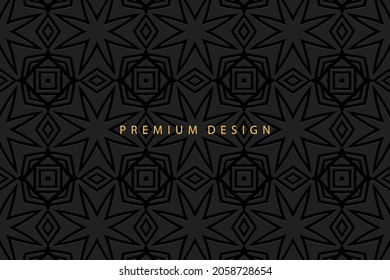 Einzigartiges Banner, Cover-Design, schwarzer Hintergrund. Geometrisches volumetrisches, konvexe, ethnisch minimalistisches 3D-Muster. östlich, indonesisch, mexikanisch, aztekisch.