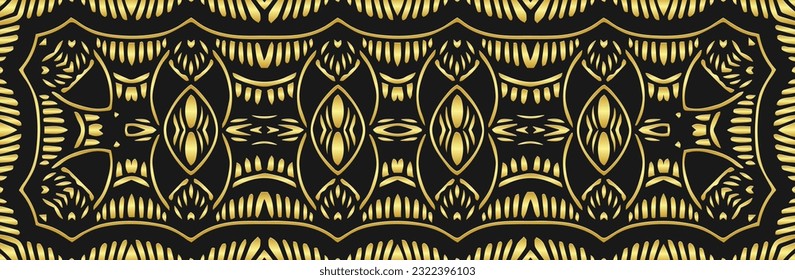 Unique banner, cover design. Embossed 3D boho pattern, handmade. Geometric black background, golden texture. Tribal color, heritage of the peoples of the East, Asia, India, Mexico, Aztec, Peru.