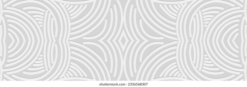 Banner único, diseño de portada. Patrón de boho 3D grabado, hecho a mano. Fondo geométrico blanco de las líneas. Color tribal, impresión étnica real de Oriente, Asia, India, México, Azteca, Perú.