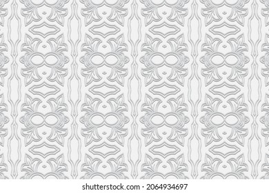 Unique banner, cover design, ethnic white background. Geometric volumetric convex elegant 3D pattern. Oriental, Indonesian, Mexican, Aztec style, handmade technique.