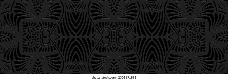 Unique banner, ethnic cover design. Embossed tribal 3D boho pattern, handmade, ornaments. Geometric black background. Vintage national color of East, Asia, India, Mexico, Aztec, Peru.
