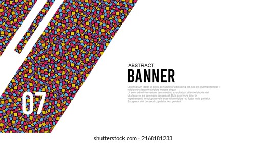 Diseño único de banner con marcos geométricos. plantilla de pancarta abstracta con elementos de textura de cuadrados pequeños y coloridos
