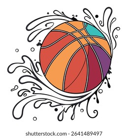 Unique basketball graphic featuring a dynamic paint splatter effect and segments of teal, orange, and purple coloring, set against a clean white background.