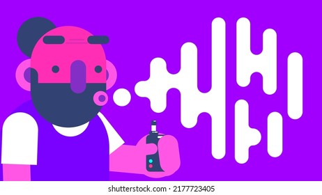 A unique bearded man smoking with vape flat design illustration