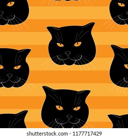Unique beautiful black scottish fold cat face  vector repeating patten on an orange striped background, for templates,web decoration,clipart, background, party invintation, poster, cards