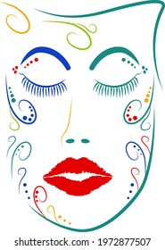 Unique and beautiful design of the tribal face design with some swirls and arts on it with hot red lips.