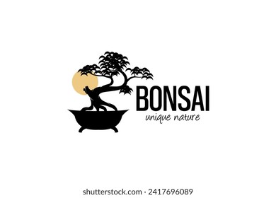 Einzigartiges und schönes natürliches Bonsai-Logo-Design, Vintage-Kunstbaumsilhouette