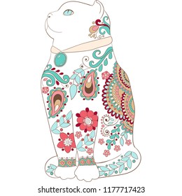 Unique beautiful white scottish fold cat line art, with flowers pattern,folk style vector isolated, for templates,web decoration,clipart, background, partyinvintation, poster, cards