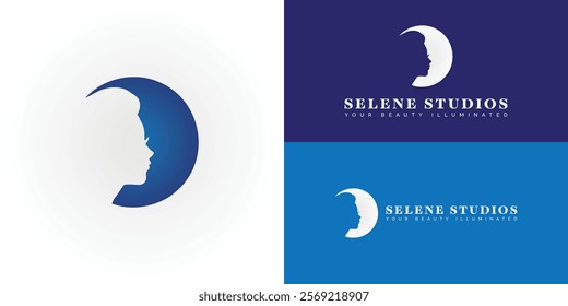 Unique Beauty Logo: Stand out with this captivating logo featuring a woman's face and a midnight blue moon. Vector-based, perfect for salons and spas logo design inspiration