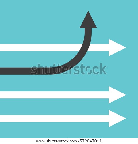 Unique bending black arrow changing direction and many white straight ones on blue background. Trend, creativity and competition concept. Flat design. EPS 8 vector illustration, no transparency