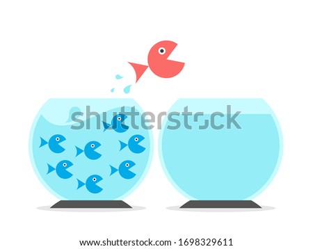 Unique big fish changing fishbowls from crowded to empty one. Solitude, abundance and scarcity mentality, independence and ambition concept. 