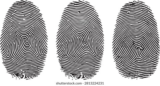 Unique biometric identifiers displayed in a row with clear whorl patterns for forensic analysis. Ideal for security and individuality concepts.