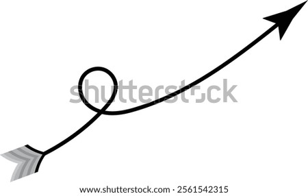 A unique black arrow design featuring a looped tail and smooth curve, ideal for infographics, navigation icons, and creative graphic design projects.