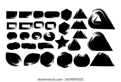 Unique black brush stroke shapes in geometric and abstract forms with rough, hand painted textures  ideal for creative design and branding.
