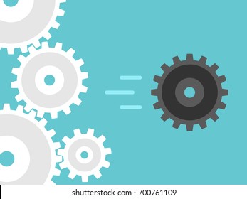 Unique black cog wheel leaving system of many white ones. Uniqueness, creativity, individuality and courage concept. Flat design. EPS 8 vector illustration, no transparency, no gradients