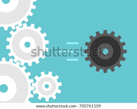 Unique black cog wheel leaving system of many white ones. Uniqueness, creativity, individuality and courage concept. Flat design. EPS 8 vector illustration, no transparency, no gradients