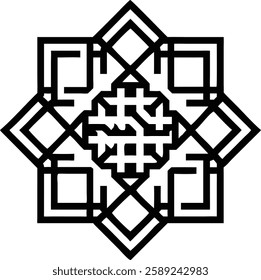 A unique black geometric Islamic pattern featuring Kufic-style elements, blending traditional calligraphy with modern design.