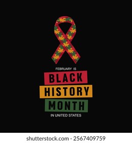 Unique Black History Month Design February 2025 with Puzzles Solidarity Ribbon in Red Yellow Green Color Styles. Best for Black History Month Celebration for African American Solidarity. 