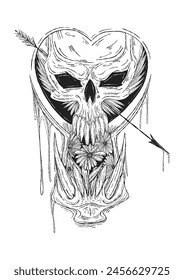 Einzigartige handgezeichnete Abbildung eines Schädels mit Gänseblümchen in schwarzer Vektorgrafik, ideal für Tätowierungsdesigns, Poster oder Grafikprojekte. Skizzenstil. T-Shirt-Design. Isoliert auf weißem Hintergrund