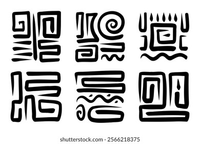 Unique black and white abstract symbols depicting cultural motifs and designs from ancient civilizations