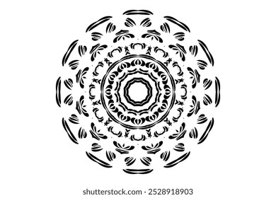 Unique black and white circular sketch featuring a mandala motif with intricate lines