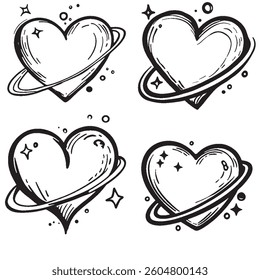 unique black and white cosmic heart drawing. Perfect for tattoos, coloring, prints, and design inspiration. Hand-drawn heart with planetary rings, stars, and space elements.