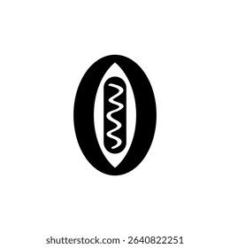 Unique black and white design featuring an oval shape with a wavy line representing food item, hot dog