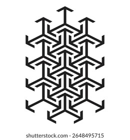 Unique black and white geometric pattern featuring abstract shapes in a repeated design across the canvas structure.
