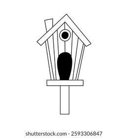 Unique black and white illustration of a birdhouse with a bird perched inside, showcasing a minimalist design in a charming style