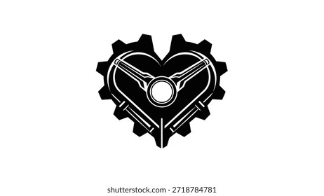 Una ilustración única en blanco y negro con un engranaje en forma de corazón con un diseño de volante integrado, que simboliza una pasión por la mecánica y los temas automotrices.