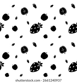 Unique black and white pattern featuring apples and strawberries on a simple background