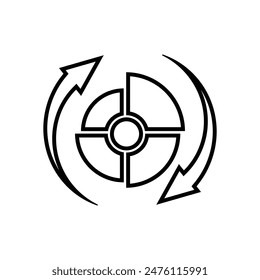 unique black and white quarter circle diagram and two circling arrows. Outline design style. Suitable for presentations, power points, learning, economics, reports etc. Template vector design.