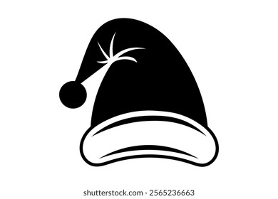 Unique black and white Santa hat vector image for creative projects, traditional Santa hat graphic, holiday decoration graphic, Santa hat silhouette, winter holiday design