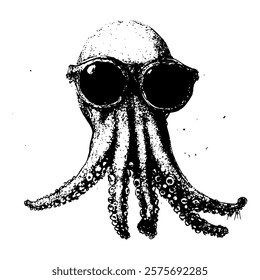 unique black and white vector illustration of an octopus wearing sunglasses, blending marine life with a playful and modern artistic touch.