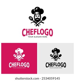 Unique black-and-white silhouette chef logos, featuring hats, utensils, and chef faces. Ideal for culinary branding.