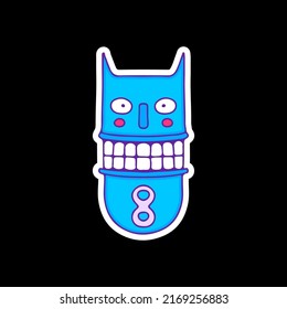 Unique blue cat head character, illustration for t-shirt, sticker, or apparel merchandise. With doodle, retro, and cartoon style.