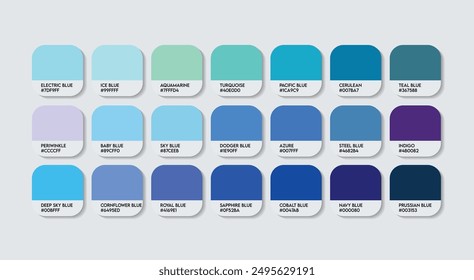 Unique Blue Color Palette, Unique Blue Color Guide Palette with Color Names. Catalog Samples of Unique Blue with RGB HEX codes and Names. Unique Blue Colors Palette Vector, Fashion Trend Colors