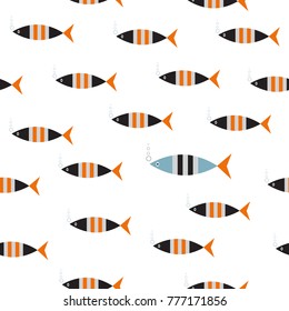 
Unique blue fish among many black ones. Standing out from crowd, individuality and difference concept. Seamless pattern background 