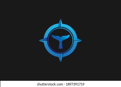 Unique Blue Fish Compass Logo Template with Fishtail in the center of compass for your fishing business, product, company, etc
