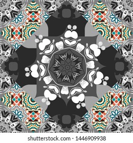 Unique blue, gray and beige geometric vector swatch. Creative Ethnic Mandala seamless pattern. Perfect for wrapping paper, wallpaper, textile and surface design. Trendy boho tile.